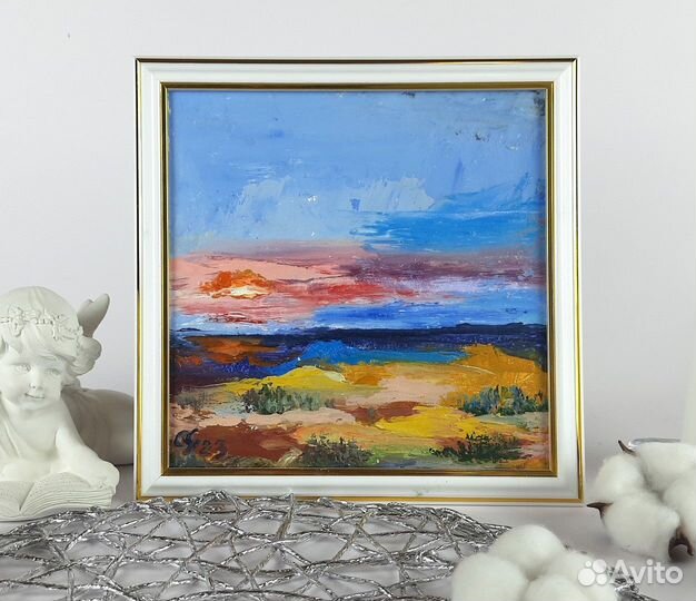 Небольшой пейзаж маслом. Закат на море. 20х20см