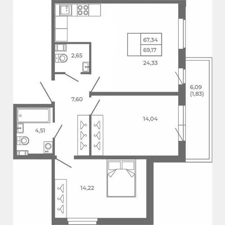 3-к. квартира, 67,3 м², 1/4 эт.