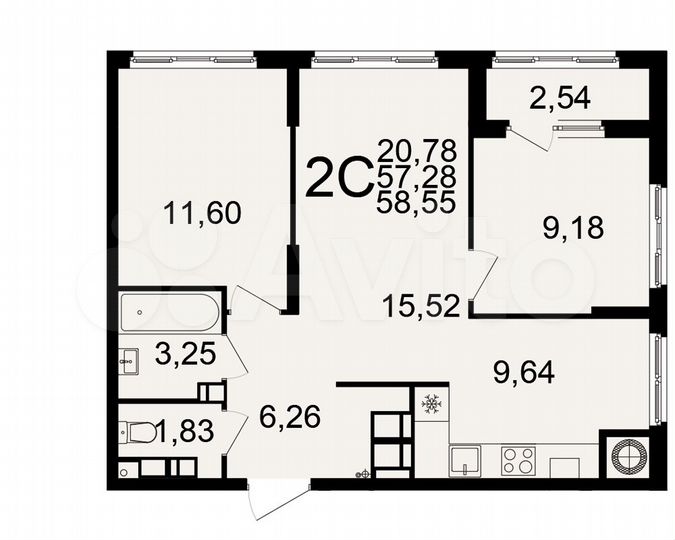 2-к. квартира, 58,6 м², 10/25 эт.