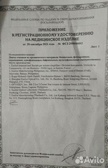 Очковые линзы 2шт