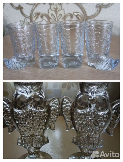 Хрустальные рюмки сапожки, сова -подсвечник