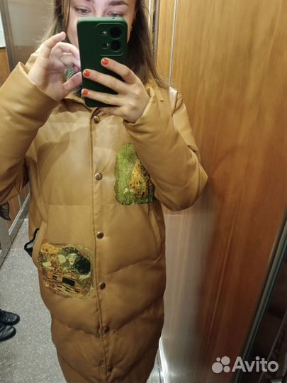 Пуховик женский экокожа S/M oversized