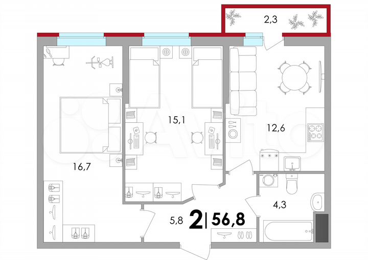 2-к. квартира, 56,8 м², 1/10 эт.