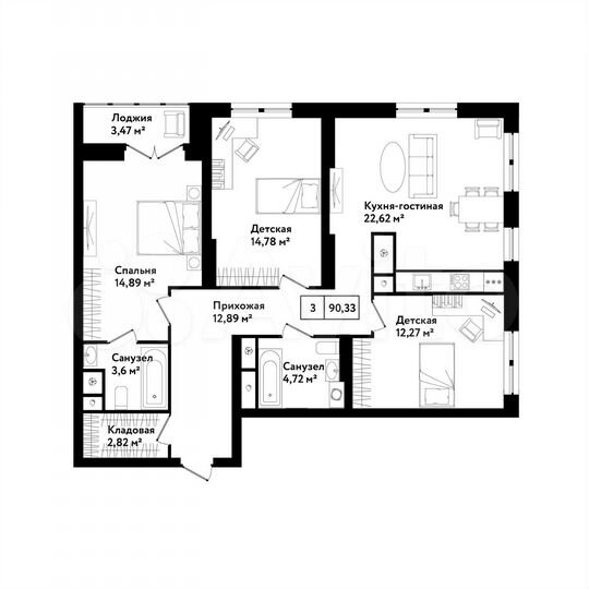 3-к. квартира, 90,3 м², 9/25 эт.