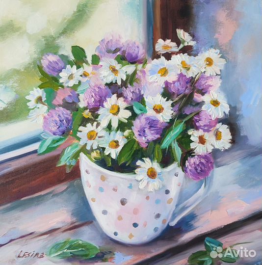 Картина маслом с букетом полевых цветов 30/30 см