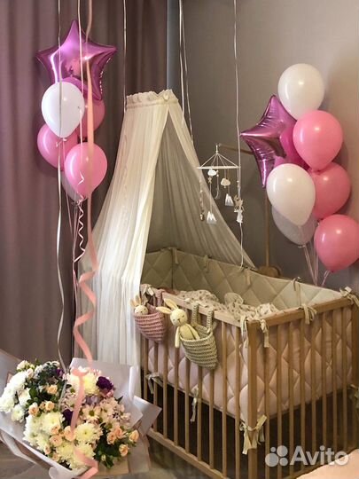 Бортики, балдахин, простынь, одеяло с подушкой
