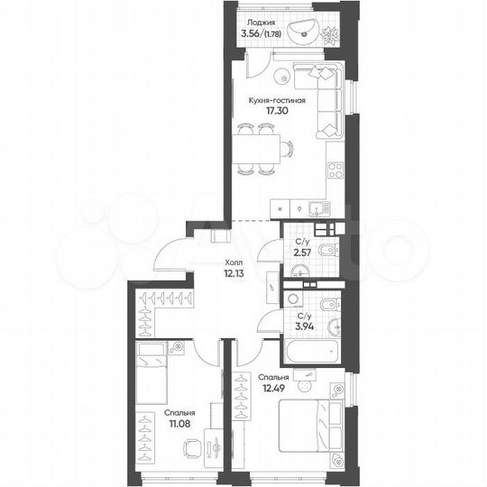 2-к. квартира, 61,3 м², 6/16 эт.