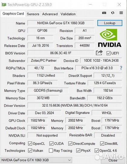 Видеокарта Geforce Zotac Gtx 1060 3gb