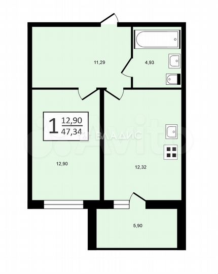 1-к. квартира, 47,3 м², 2/5 эт.