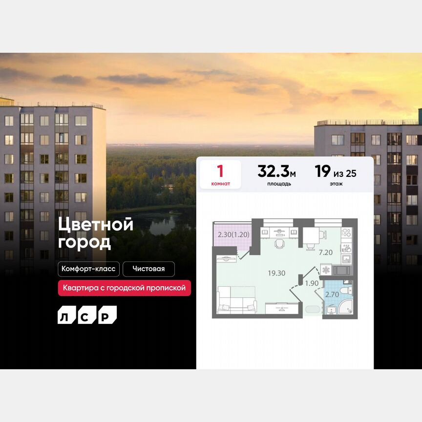 1-к. квартира, 32,3 м², 19/25 эт.