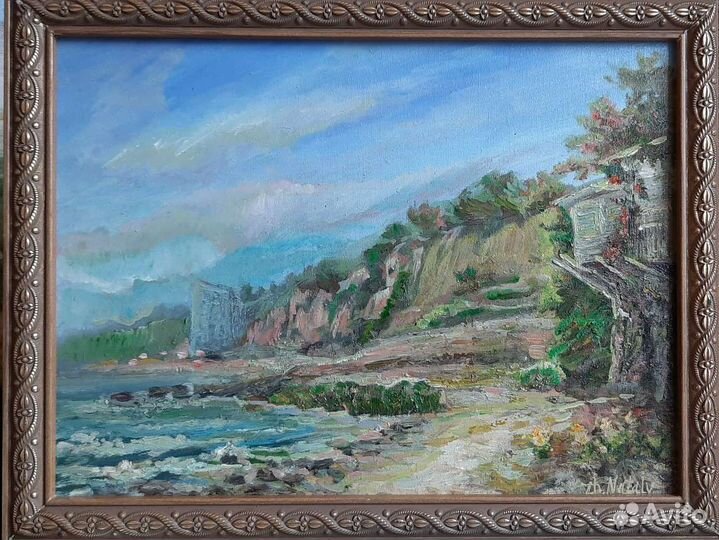 Картина Море, склон, парк и домики на берегу