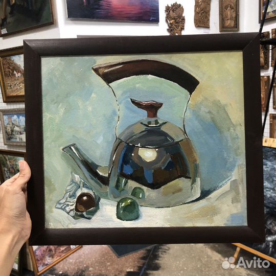 Картина маслом «Чайник с конфетами»