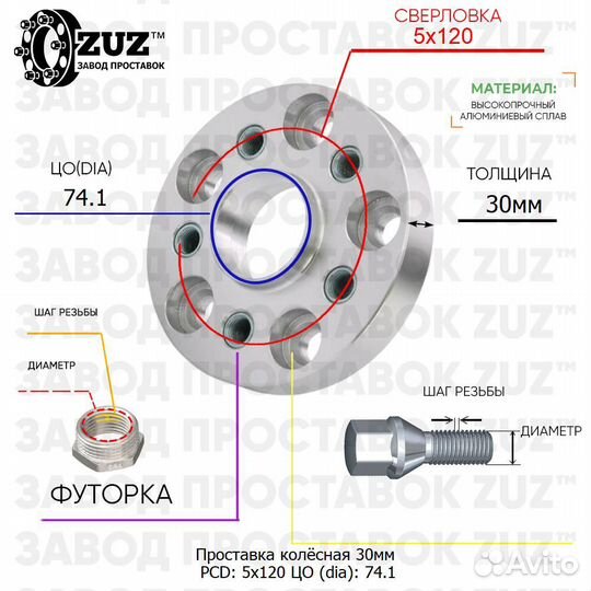 Проставки колесные 30мм 5х120 d74.1 fut 14х1.25