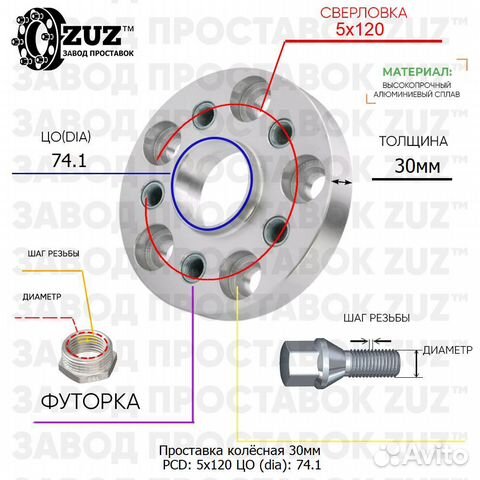 Проставки колесные 30мм 5х120 d74.1 fut 14х1.25