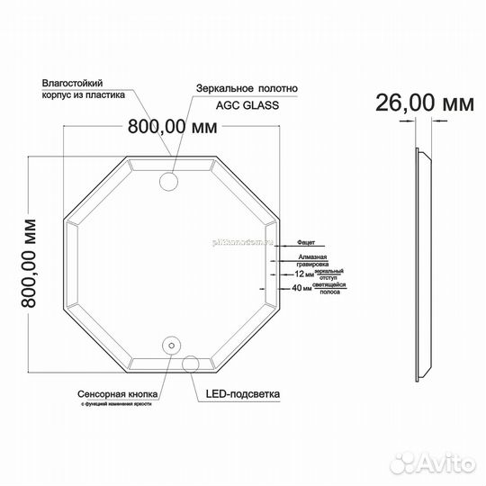 Зеркало Mixline Ренато 800*800 (шв) сенсорный выключатель (544024)