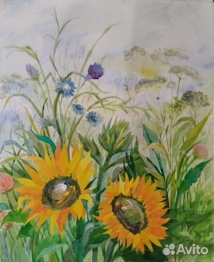 Картина. Акварель. Подсолнухи. Лето