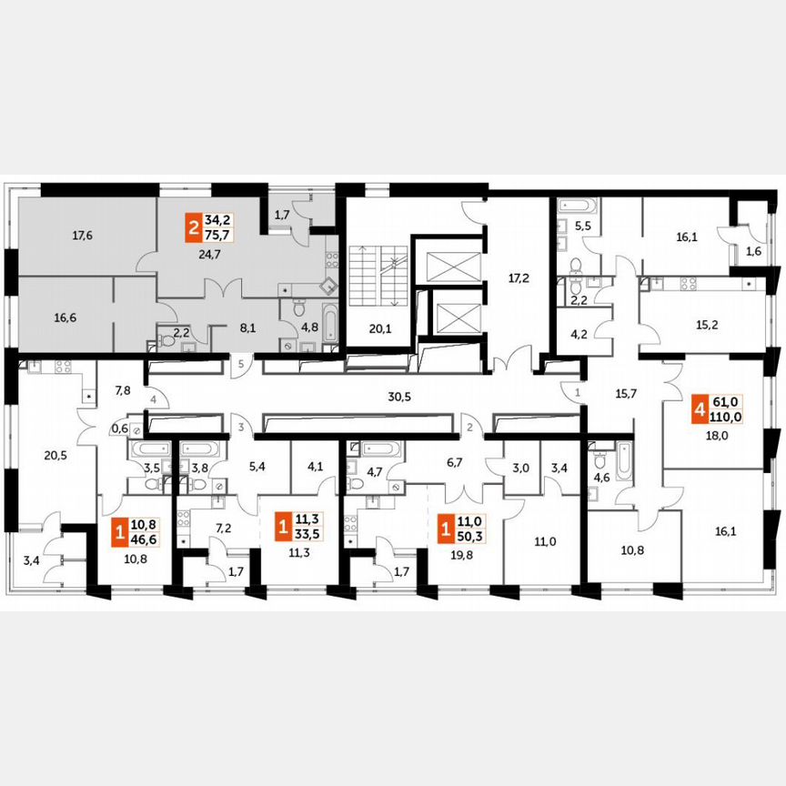 2-к. квартира, 75,7 м², 26/30 эт.