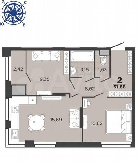 2-к. квартира, 51,7 м², 17/26 эт.
