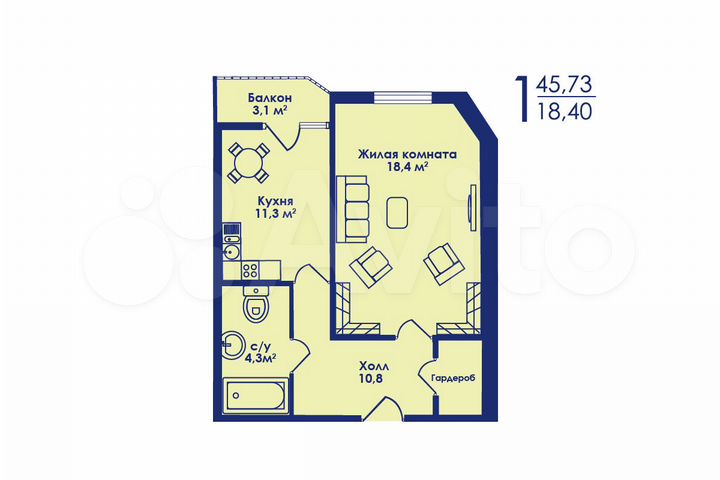 1-к. квартира, 45,7 м², 4/17 эт.