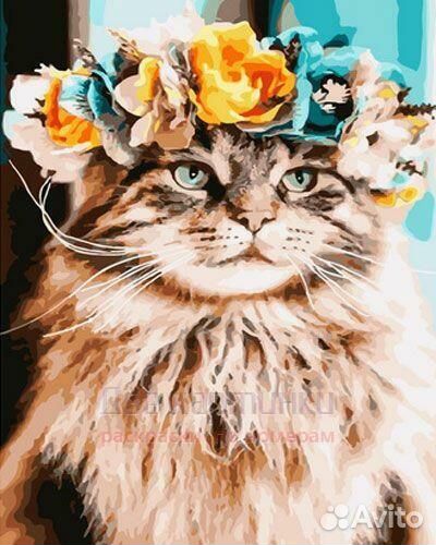 Картина по номерам 40x50 Котик в желто-голубом цве