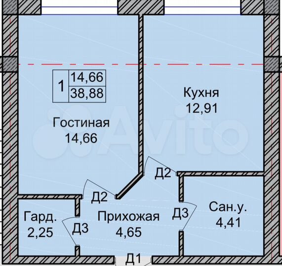 1-к. квартира, 38,9 м², 6/8 эт.