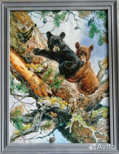 Картина маслом. Медвежата на дереве
