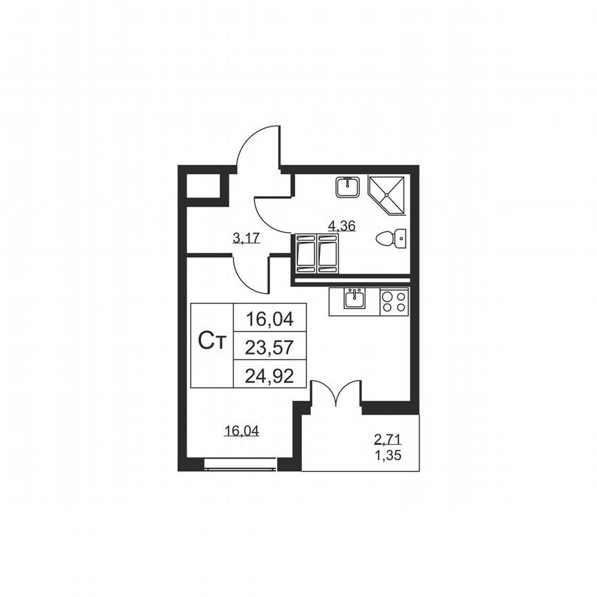 Квартира-студия, 24,9 м², 17/19 эт.