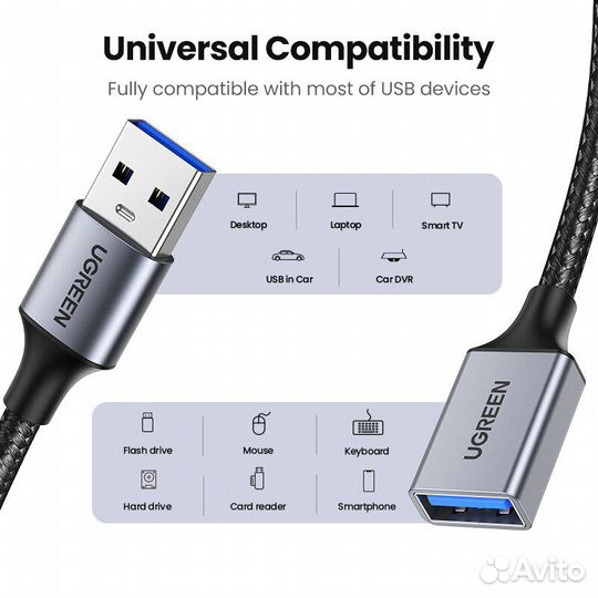 Кабель-удлинитель Ugreen USB 3.0 (1 метр, Новый)