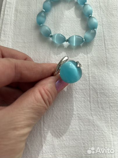 Комплект из голубого кварца - кошачий глаз