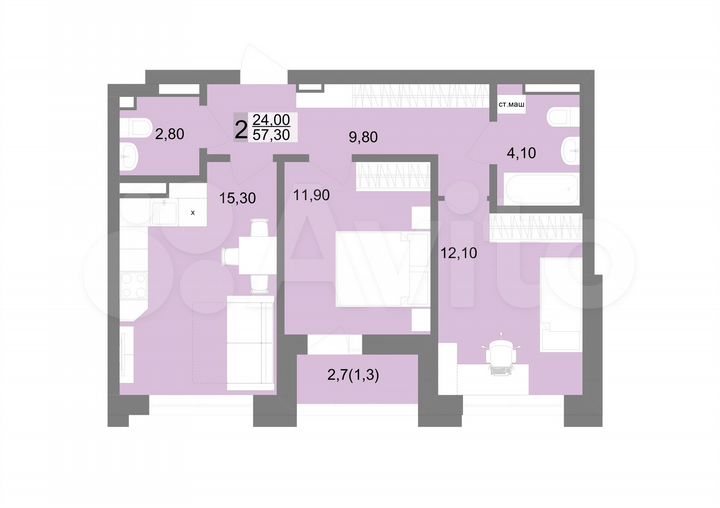 2-к. квартира, 57,3 м², 7/12 эт.