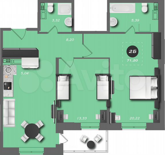 2-к. квартира, 71,2 м², 2/22 эт.