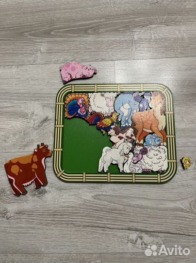 Деревянный паззл пазл фигурный Динозавры и Ферма