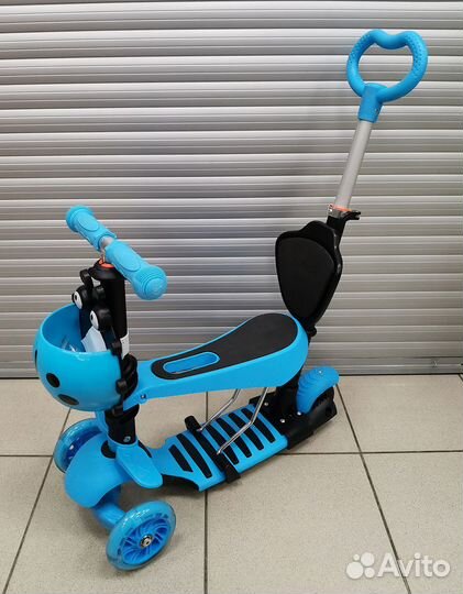 Самокат беговел 5 в 1 колёса светятся, голубой