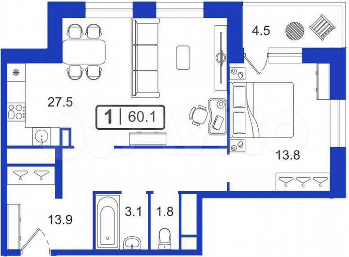 2-к. квартира, 60 м², 7/24 эт.