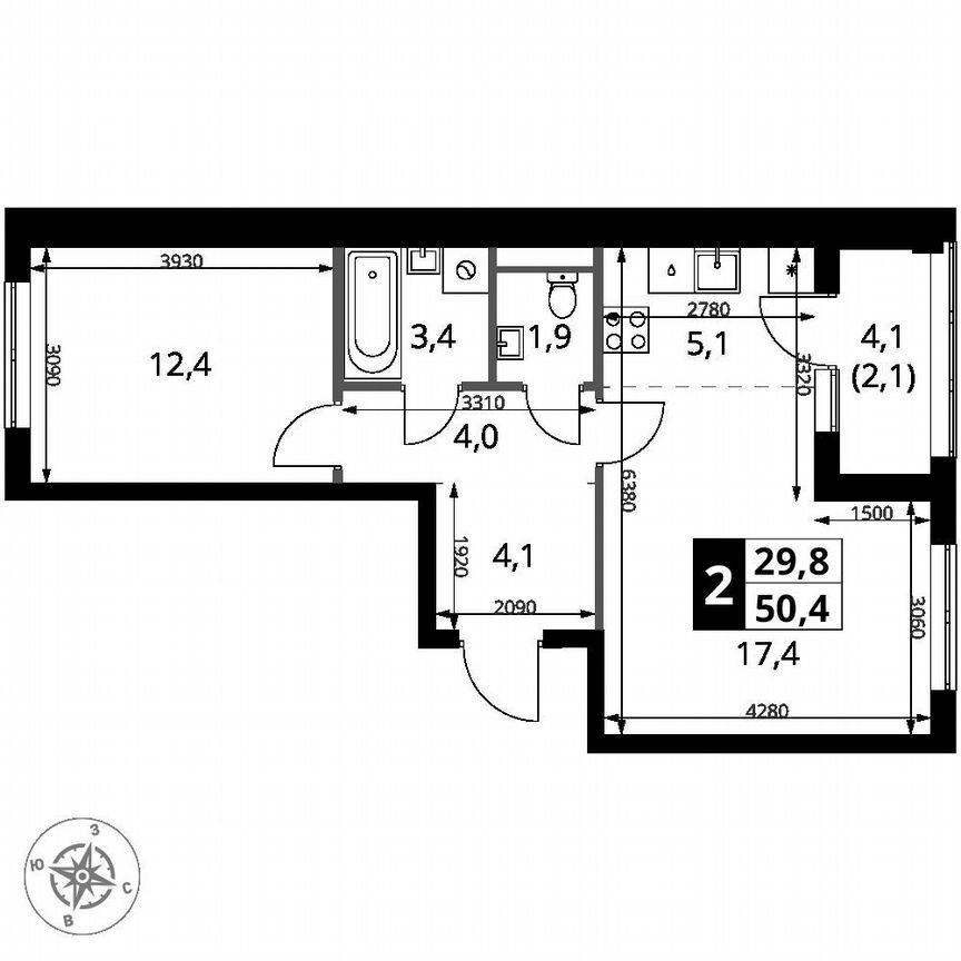 1-к. квартира, 50,4 м², 2/18 эт.