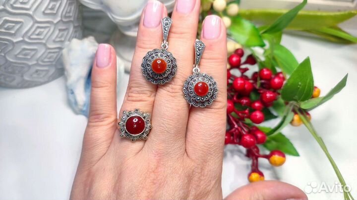 Винтаж СССР кольцо и серьги с сердоликом Урал, 925
