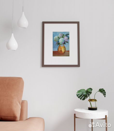 Картина маслом цветы гортензия в золотой вазе