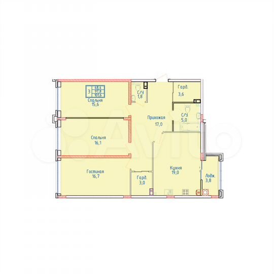 3-к. квартира, 101,6 м², 2/8 эт.