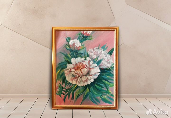 Картина Цветы пионов маслом на холсте 40х50 см