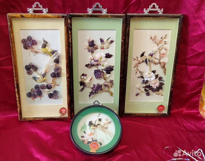 Панно картина под стеклом перламутр кость матрешки