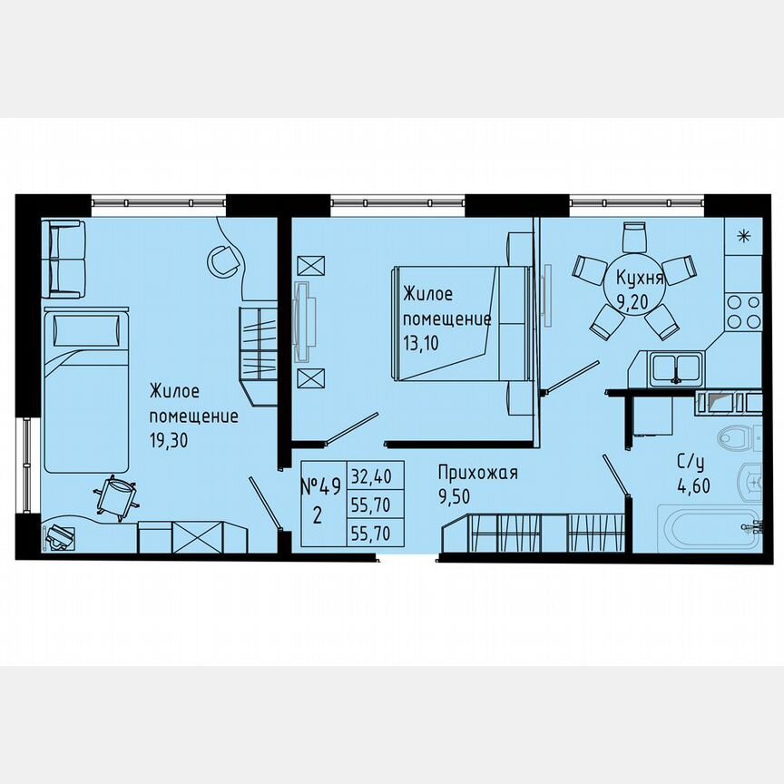 2-к. квартира, 55,7 м², 7/8 эт.