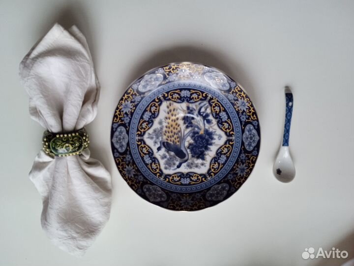 Цветное стекло винтаж, кольца гжель для салфеток