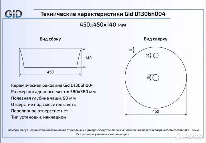 Черная накладная раковина Gid(Italy) D1303h004