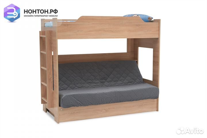 Двухъярусная кровать с диван-кроватью велюр серый