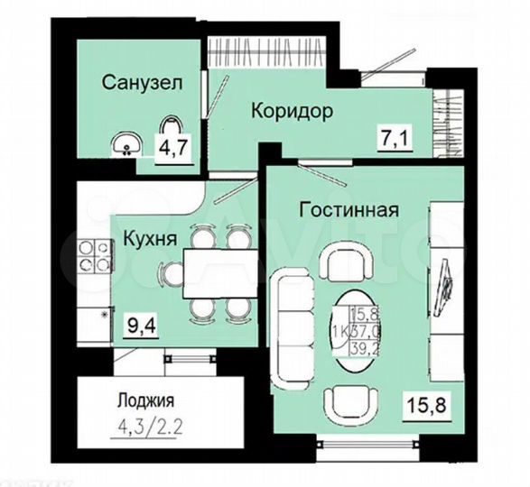 1-к. квартира, 39,2 м², 7/19 эт.