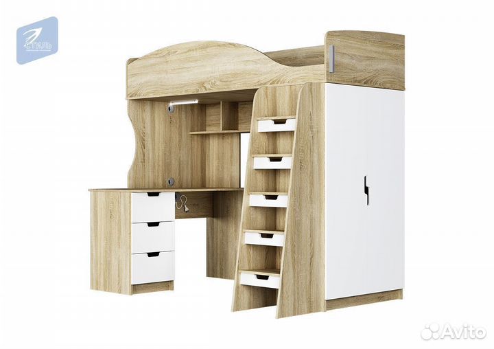 Сэнди Кровать-чердак Дуб Сонома светлый Белый глян