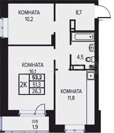 2-к. квартира, 53,2 м², 15/16 эт.