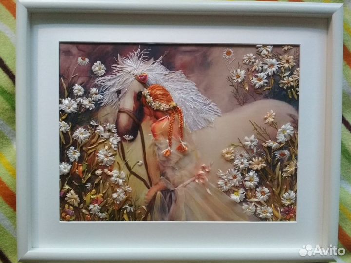 Картина Девушка с лошадью 3D вышивка нат шелк