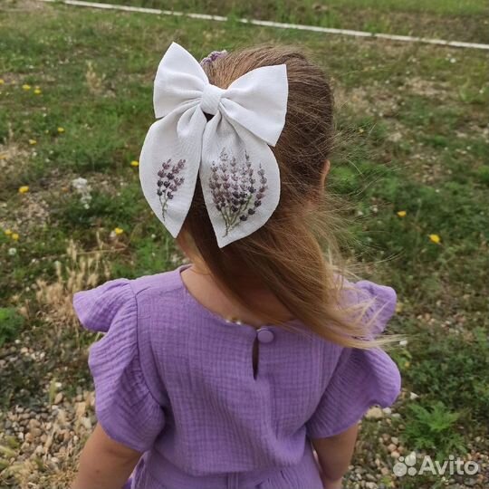 Льняной бантс вышивкой лаванда