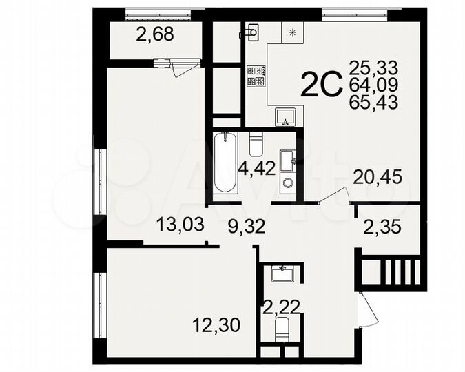 2-к. квартира, 65,4 м², 21/26 эт.